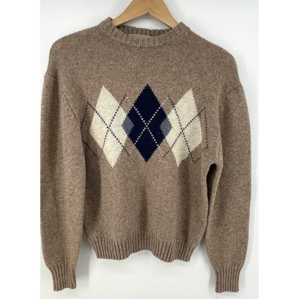 Vtg McGregor Sweater Mens *S Wool Blend Brown Argyle Crew Neck Preppy Classic